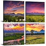 Sunset Mountain Wall Art Nature Grand Teton Landscape Wall Decor, 4 Piece National Parks Posters Canvas Prints Oxbow Bend Snake River Scenery Paintings Artwork for Bathroom Living Room Decorations
