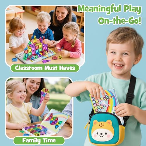 Image of Magnetic Tiles Travel Set Toddlers: 42PCS Mini Building Blocks for Planes | Iron Case Flips to Play Base, 1:1 STEM Visual Guide Teaches Cleanup, Candy Colors Quiet Car Ride Activities for Kids Ages 3-5