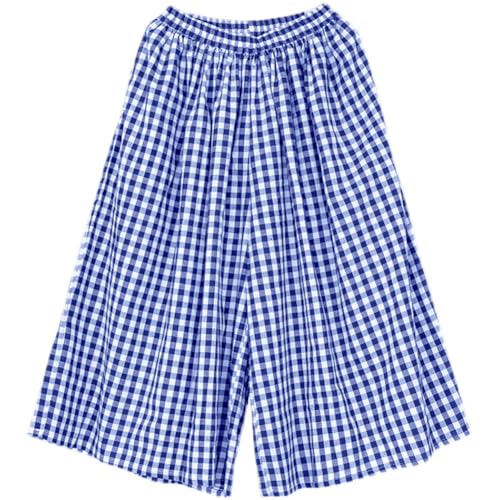 Image of chouyatou Women's Cotton Linen Pants Elastic Waist Plaid Gingham Wide Leg Capri Palazzo Pants