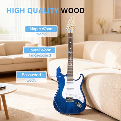 Image of GLARRY Full Size Electric Guitar for Music Lover Beginner with 20W Amp and Accessories Pack Guitar Bag (Blue Transparent, 39 inch Right)