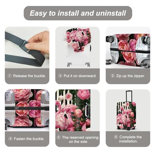 Image of Flamingo Blossom Luggage Cover, Washable Suitcase Protector with Pink Peony Background Anti-scratch for 24 inch,26 inch Bag