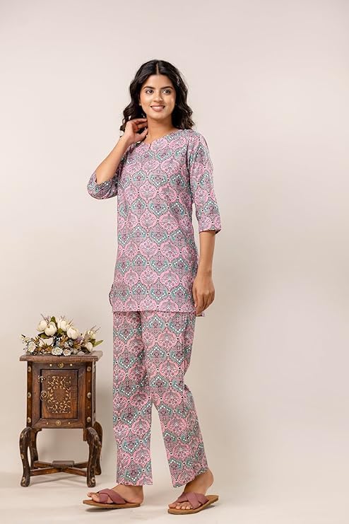 Image of Pure Cotton Printed Night Suit Set | Top Pyjama Set for Women | Night Dress of Kurta Pyjama Set for Women | Kurta Top Set