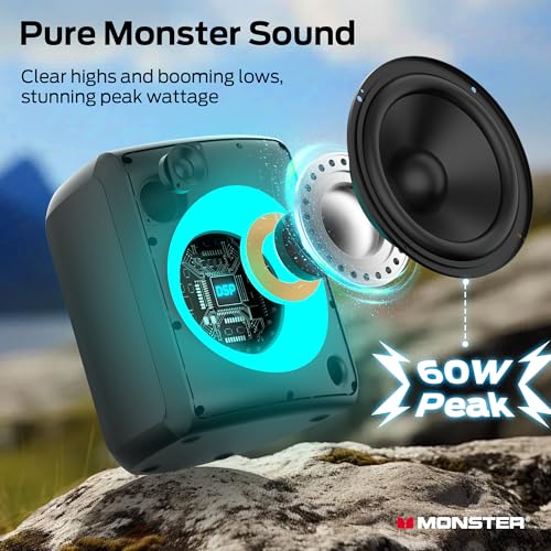 Image of Monster Musicbox Bluetooth Speaker, 60W Loud Portable Wireless Speaker with Dynamic RGB Lighting, Speakers for Outdoor, Stereo Sound, 12H Playtime, IPX5 Water Resistant, Supports TF Card, AUX, Black