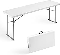6FT Narrow Folding Table - Portable Heavy Duty Plastic Fold-in-Half Table with Handle, White - Indoor Outdoor Use
