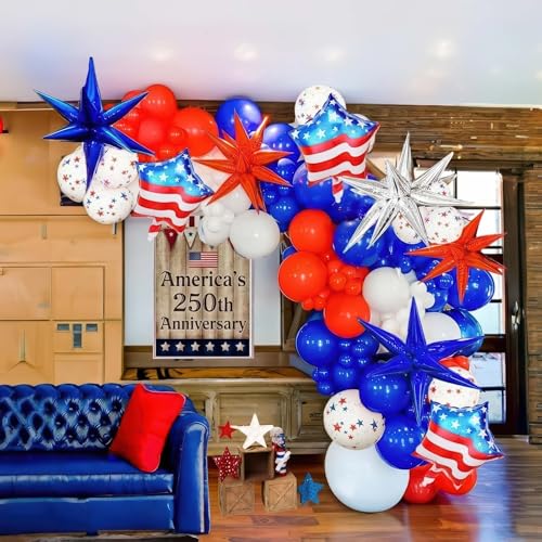 150Pcs Red White and Blue Balloon Garland Arch Kit for America's 250th Anniversary, Patriotic Decorations with Star Print & USA Flag Foil Balloons for 4th of July, Independence Day, Memorial Day