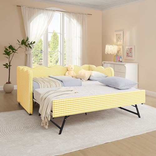 Image of KEIKI Twin Size Upholstery Gingham Daybed with Trundle and USB, Yellow