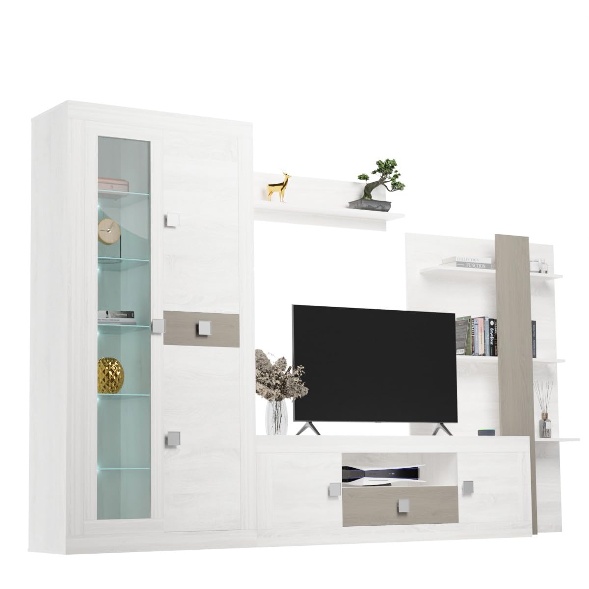 amuéblate online Mueble de Salón Moderno con Leds, Módulos de Comedor, Modelo Venus, Medidas: 300 cm (Ancho) x 200 cm (Alto) 40 cm (Fondo), Madera, Andersen Pino-Gris, Grande