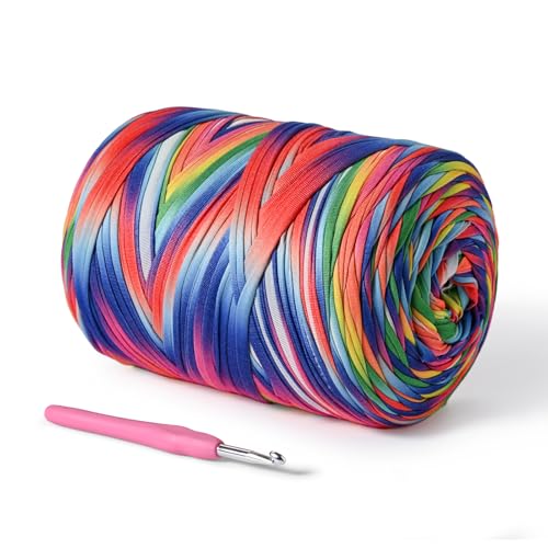 Image of (800g /228yds) T Shirt Yarn, Soft Tshirt Crochet Yarn for Crafts and DIY Knitting Crocheting Cloth /Bag /Basket /Coaster, 100% Polyeste Elastic Fabric Chunky Thick Yarns for Crocheting (Rainbow)