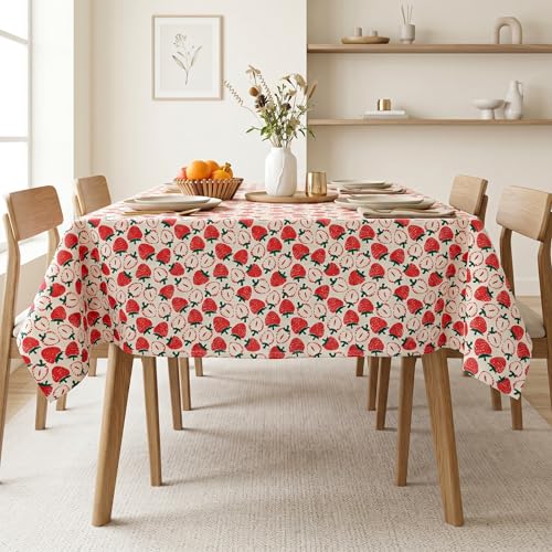 Image of R home Strawberry Print Table Cover for 4-6 Seater Dining Table | 100% Cotton Slub Fabric | 56 x 72 Inch I Premium Digital Printed Rectangular Table Cloth | Soft, Durable, Washable & Reusable