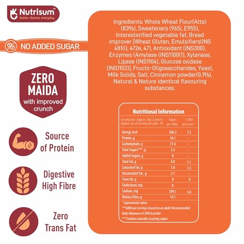 Image of Nutrisum Premium Whole Wheat Rusk Cinnamon Flavour, High Fiber, Refined Sugar Free, Tea Toasts 180 gms (Pack of 2)