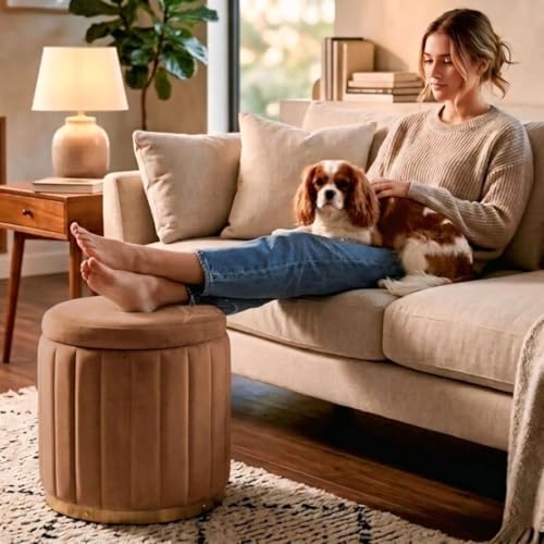 Image of Superior Round Storage Ottoman Stool 13 X 13X 16 inch, with Gold Metal Base | Elegant Pouffe with Secret Storage | Cushioned Footrest for Living Room, Bedroom, and Lounge Coffee