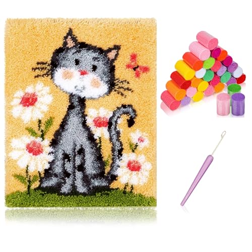 Image of kingsea Latch Hook Kit for Adults, DIY Crochet Yarn Rug with Pattern Printed Latch Hook Rug Kit for Teen, Latch Hook Kit for Beginners - Cat and Flower, 20in x 15in