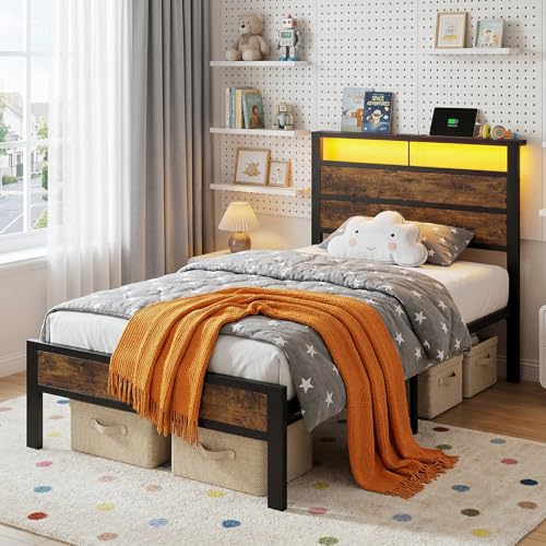 Image of Twin Bed Frame with LED Lights & USB Charging Station | Metal Platform Bed with Storage Headboard, Under Bed Space, Noise Free, No Box Spring Needed, Easy Assembly, Brown