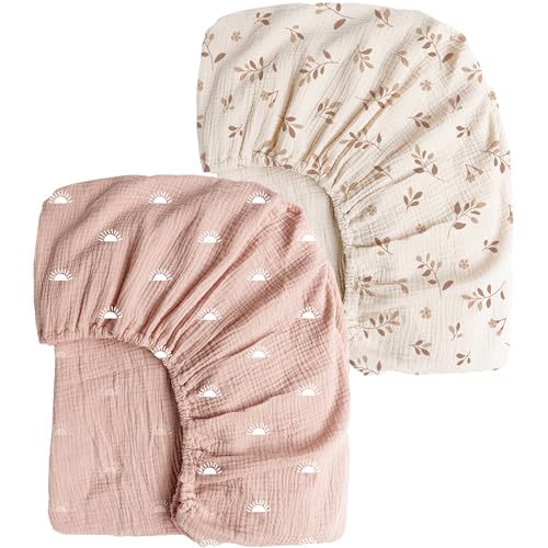 Image of Konssy Muslin Crib Sheets for Girl Boy, 2 PCS Soft and Breathable Cotton Baby Sheets for Standard Crib Mattress, 52"x 28" (Pink Sun,Khaki Leaf)