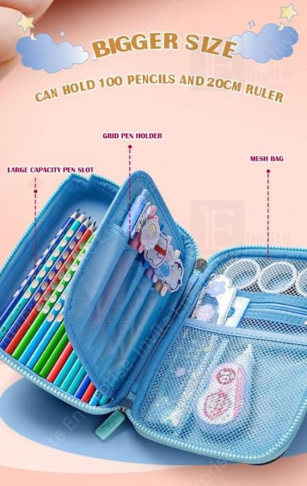 Image of Invite Enterprise 3D Polyester Cartoon Theme Pencil Case - Multipurpose Zipper Pouch for Kids, Girls - Stationery Storage Box (Cute Big) - Blue