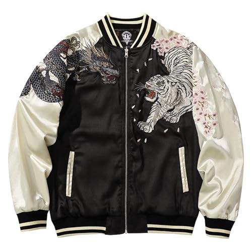 Cool Dragon Sukajan Jacket Tiger Embroidered Jackets For Men Japanese Winter Windbreaker Mens Casual Coat(Khaki,S)