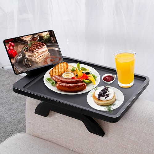 SINWANT Vassoio da divano con bracciolo, in bambù, con clip, 40 x 30 cm, grande vassoio con supporto per telefono a 360°, tavolino portatile per smartphone e snack