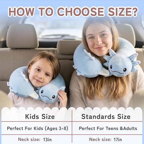 Image of Memory Foam Travel Neck Pillow for Teens and Adults, Blue Axolotl Design