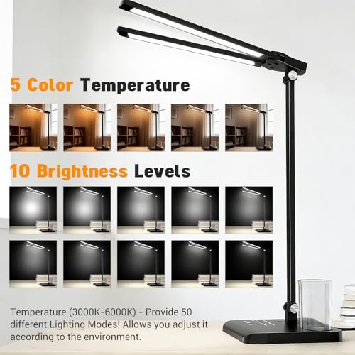 Image of ELEPHANTBOAT Table Lamp for Study Room, LED Study Lamp with Dual Light Bars, Dimmable Eye-Caring Desk Light with 5 Color Modes, USB Study Table Lamp with Pen Holder, Touch Control
