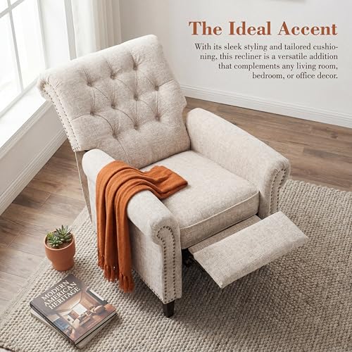 Image of Tufted Linen Fabric Manual Recliner Chair, Oversized Lazy Boy Recliner with Rolled Armrest, Breathable Living Room Reclining Chair for Adults Reading, Gaming, Napping, Relax, Beige