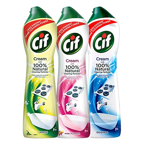 Image of Cif Lemon, Pink and Original Multipurpose Surface Cleaner Cream for Kitchen & Bathroom | 100% Dirt & Grease Removal With Natural Cleaning Particle For Shiny Surface |Imported |3x500 ml, Multicolor