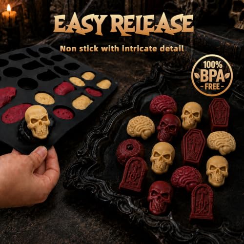 Image of HKNMTT Skull Candy Chocolate Cake Pan 5-Shapes Halloween Silicone Mold | Skull Eyeball Tombstone Coffin Brain Mold 25-Cavity for Candy Gummy Chololate Jello Ice Cubes Muffin Non-Stick Food Grade