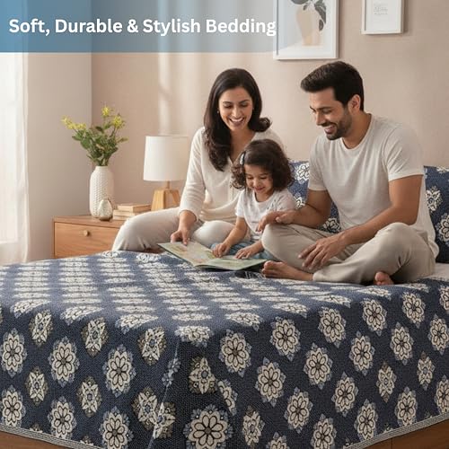 Image of LITO LINEN AND TOWEL Single Bed Solapur Chaddar 100% Cotton Blanket - Reversible Handloom Bedspread for Winter & All Seasons, Soft Breathable Cotton Bedsheet /Blanket, 60 x 90 Inch, Navy Blue Floral