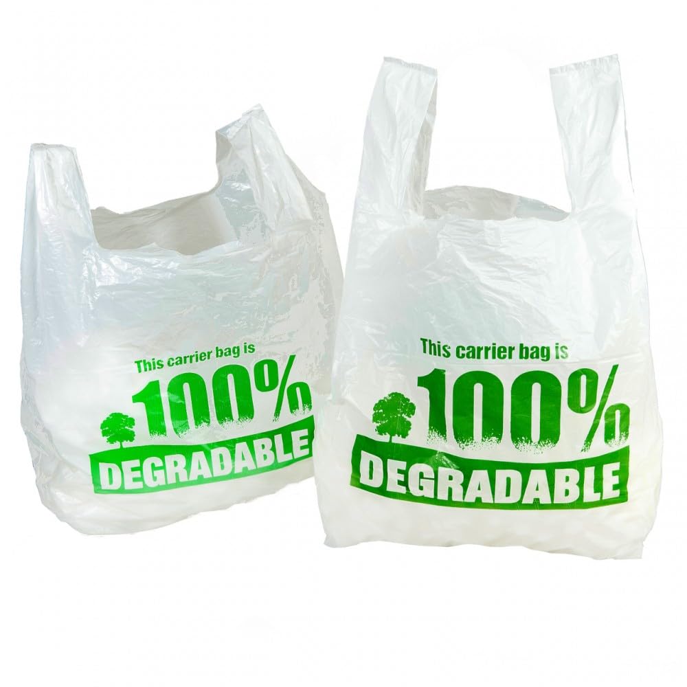 Eco Friendly Plastic Bags White Vest Carrier Bags 100% Degradable - Jumbo Size 13 x 19 x 23" (100)