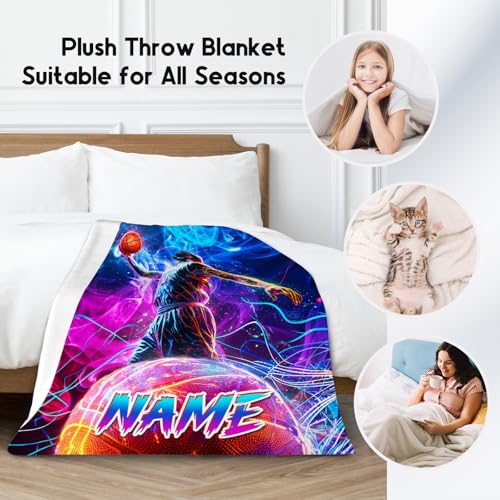 Basketball Blanket Gifts, Custom Blankets for Boys, Personalized Kids Throw with Name, Soft Fleece Sport Throw for Couch & Sofa, 50"x60"