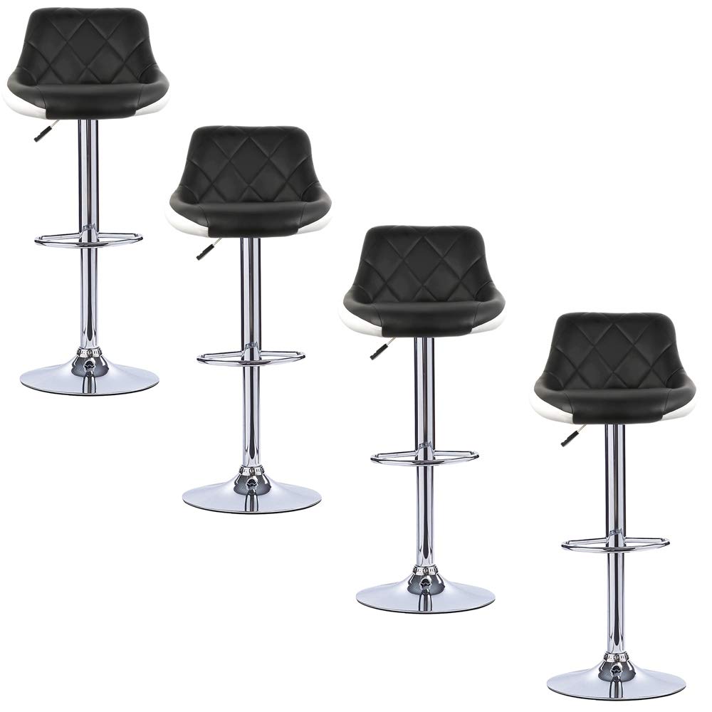 Pack 4 Taburetes Altos de Cocina con Respaldo y Reposapiés en Acero Cromado, Regulable en Altura de 53 a 73 cm, Taburetes de Bar Giratorios, Banquetas de Bar de Cuero Sintético (4, Negro Blanco)