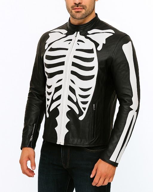 Mens Skeleton Black Leather Jacket - Vintage Racer Halloween Cosplay Biker Motorcycle Jacket2