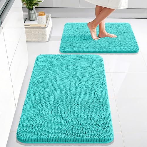Image of OLANLY Bathroom Rugs Sets 2 Piece, Soft Absorbent Chenille Bath Mats Area Rug Set, Non-Slip, Quick Dry, Machine Washable Bath Mats for Bathroom, Home Decor Accessories (30 inchx20 inch+24 inchx16 inch, Teal)