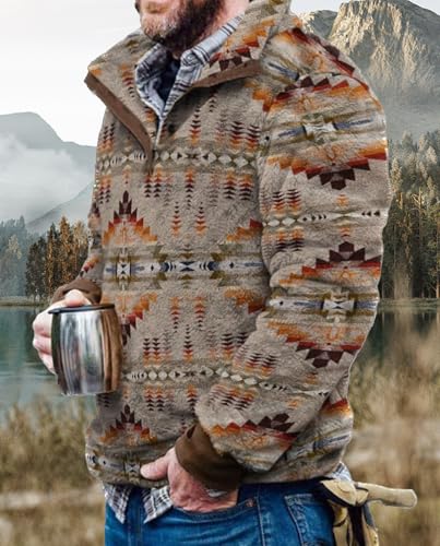 Costaric Mens Western Sweatshirts Aztec Graphic Fleece Fuzzy Sweatshirt Button Front Vintage Casual Sharpe Pullover Hoodie4