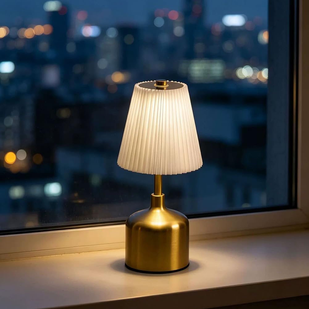 LED Akku Tischleuchte Kabellos Plissiertem Stoff Schirm Nachttischlampe Batteriebetrieben USB Aufladung Tragbar Tischlampe Innen Gold Metall für Nachttisch Schlafzimmer Lesen