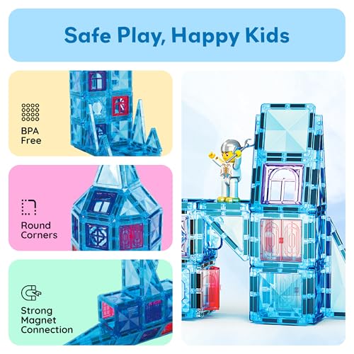 Image of PicassoTiles 71pc Mini Diamond Series Winter Ice Theme Magnetic Tile Building Blocks 2 Character Action Figures Travel Size On-the-Go Magnet Construction Toy Set STEM Development Kit Ages 3+ PTM71