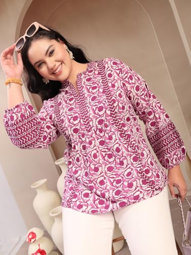 Image of Stylum Women's Plus Size Blue Floral Printed Pure Cotton Top | Plus Size Tops for Women Short Kurti