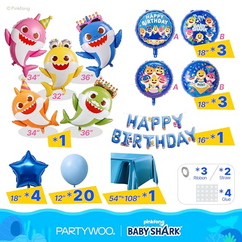 Image of PartyWoo Baby Shark Family Foil Balloons 37pcs Baby Shark Family Blue Round Star Mylar Happy Birthday Letter Balloons for Boys and Girls Under the Sea Kids Birthday Party Decorations