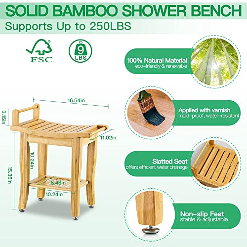 image for ETECHMART Bamboo Shower Bench with Storage Shelf, 2-Tier Spa Seat Bath