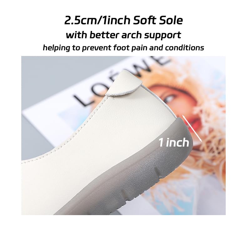 HESBITEUL Women's Shoes Comfy Fashion Loafers: Slip on Leather Sneakers Cute Nurse Work Flats - Lightweight Casual Walking Shoes Off White4