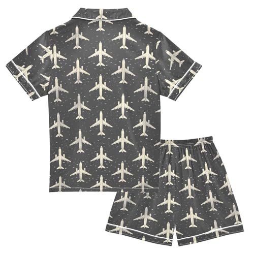 Plane Vintage Pattern Summer Satin Pajama Set, Cute Button-Down Sleepwear Pj Set for Sleep Wears2