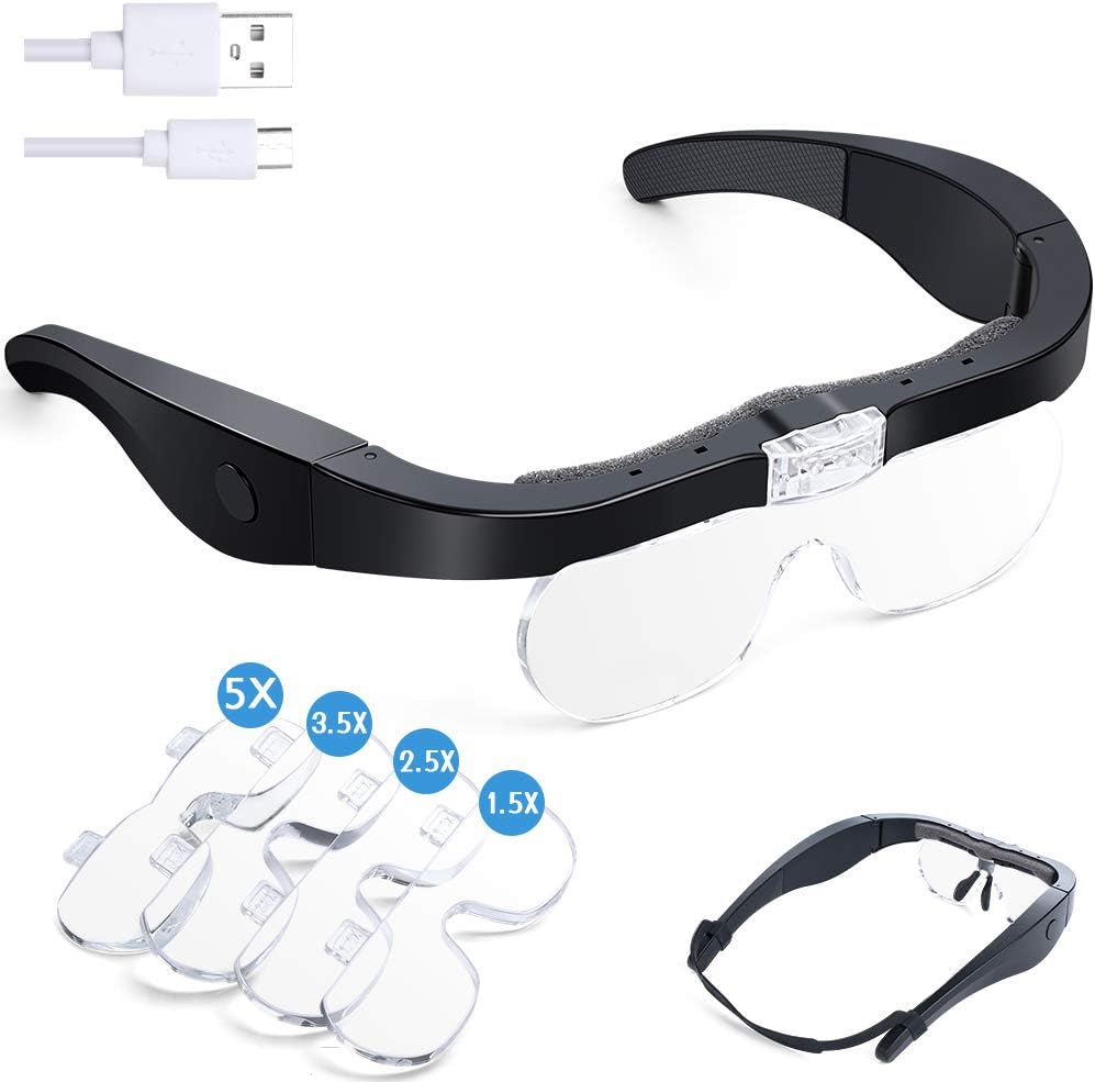 Headband Magnifier, Rechargeable Magnifying Glasses with Light Hands Free Interchangeable Magnification Lenses 1.5X 2.5X 3.5X 5X for Jewelry, Crafts, Cross Stitch