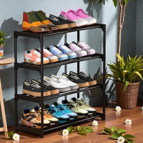SKEDIZ 4-Tier Shoe Rack Organiser, Black Plastic Storage Shelf, Compact Footwear Stand, ShoeRack Plastic 4 Shelf