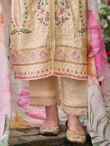 Image of INDO ERA Women's Off White Silk Blend Embroidered Straight Kurta Pant And Dupatta Set (IEOUT6962)