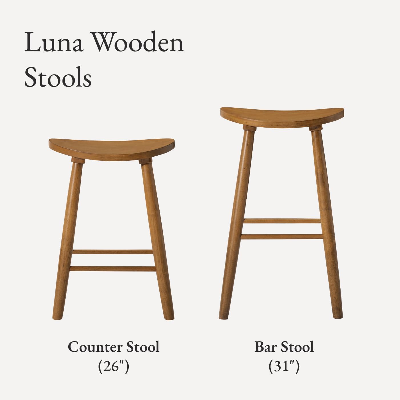 Maven Lane Luna Counter Stool Set of 2 – 26 Inch Round Stools with Footrest – Light Brown Solid Wood – Space-Saving Design for Kitchen Counters & Islands, Ideal for Apartments, Dorms & Compact Living