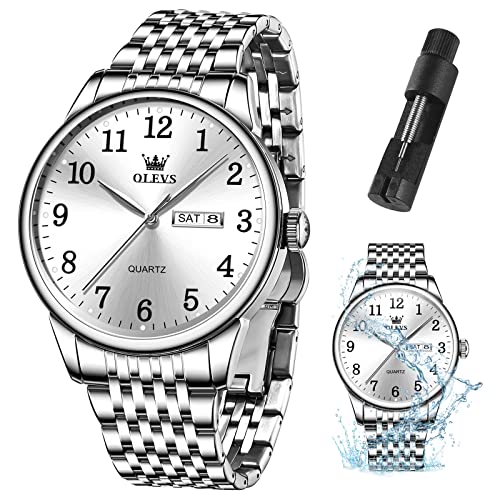 Image of OLEVS Mens Watch Stainless Steel Analog Quartz Watches for Men Day Date Easy Read Diamond Waterproof Dress Luxury Classic Casual Big Face Blue /Black /Gold /Silver Roman Arabic Numerals Men's Wrist Watch