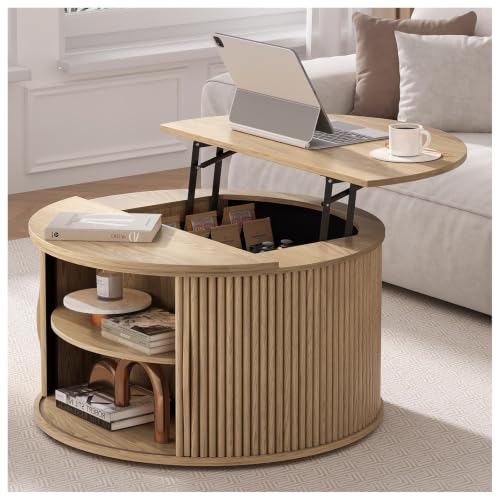 Image of JOINICE Round Lift Top Coffee Table with Storage for Living Room,Oak | 31.5 inch Drum Design,Hidden Storage&Open Shelf,Boho Fluted Center Table for Small Apartments,Easy Assembly,Up to 150 lbs