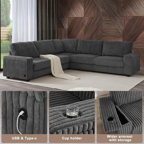 Image of Corduroy Sectional Couch for Living Room, Oversized L Shaped Couch, Modular Corner Sofa with Storage USB Ports and Cup Holders for Living Room, Bedroom and Apartment, Grey