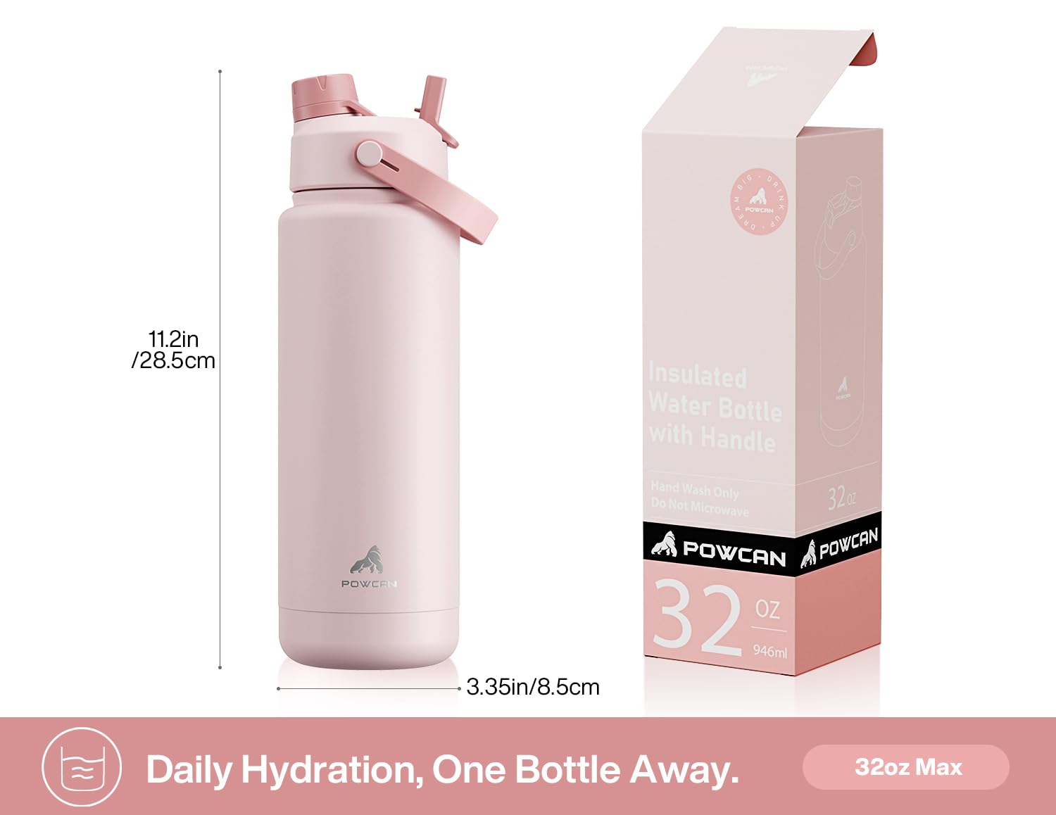 POWCAN Bouteille d'eau isotherme de 946 ml avec paille 2 en 1 et couvercle à bec verseur, garde au froid 24 h, anti-fuite, sans BPA, bouteille d'eau à double paroi en acier inoxydable pour sport, gym