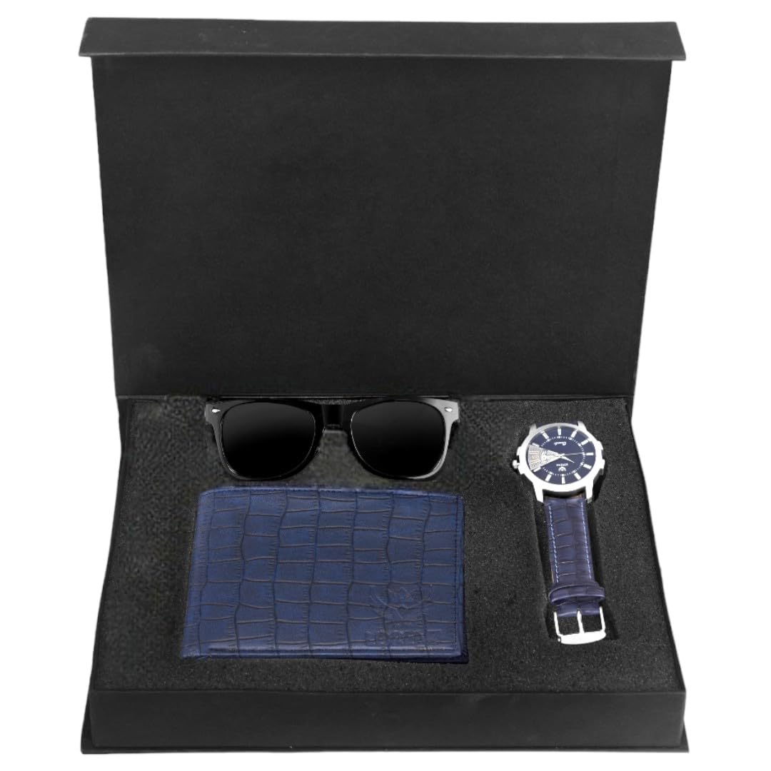 LORENZ Gift Box Combo of Mens Blue Leather Strap Day-Date Watch, Sunglasses & Blue Wallet | CM-203MR-WL-06 (B07MW89DTQ) Amazon Price History, Amazon Price Tracker