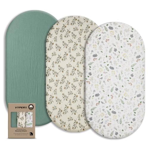 Image of VYPERX Muslin Bassinet Sheets | 32/'' x 18/'' Baby Bassinet Mattress Fitted Cove Universal Fit for Halo Fisher Price Delta Graco Other Oval Bassinet or Cradle Boho Color for Girl or Boy Roman Green)